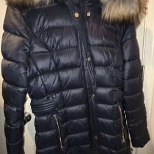 Navy Puffer Coat with Faux Fur Trim